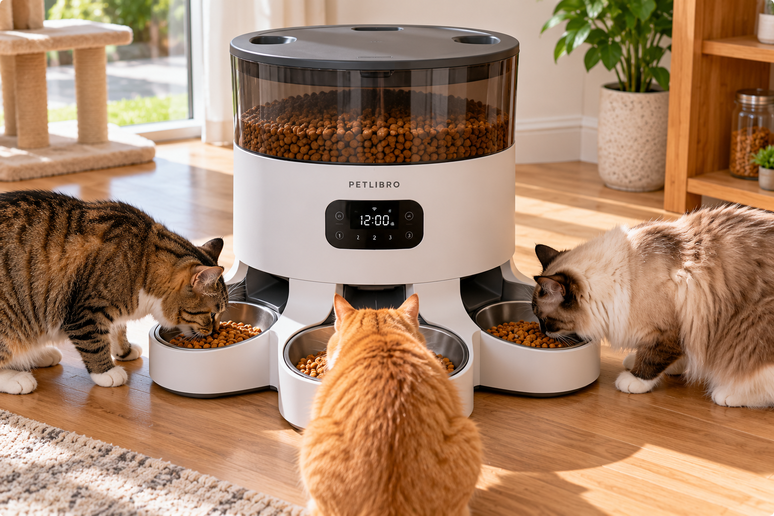 Automatic cat feeder for 3 cats featuring a large food hopper, digital timer, and three stainless steel feeding bowls, with a tabby cat, ginger cat, and fluffy cream cat eating simultaneously in a bright, modern home.