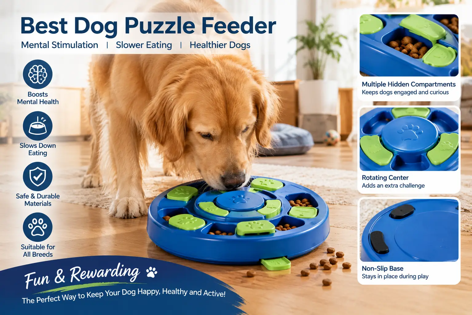 Best dog puzzle feeder featuring a blue and green interactive design with hidden treat compartments and a rotating center, keeping a golden retriever mentally stimulated while encouraging slower eating.