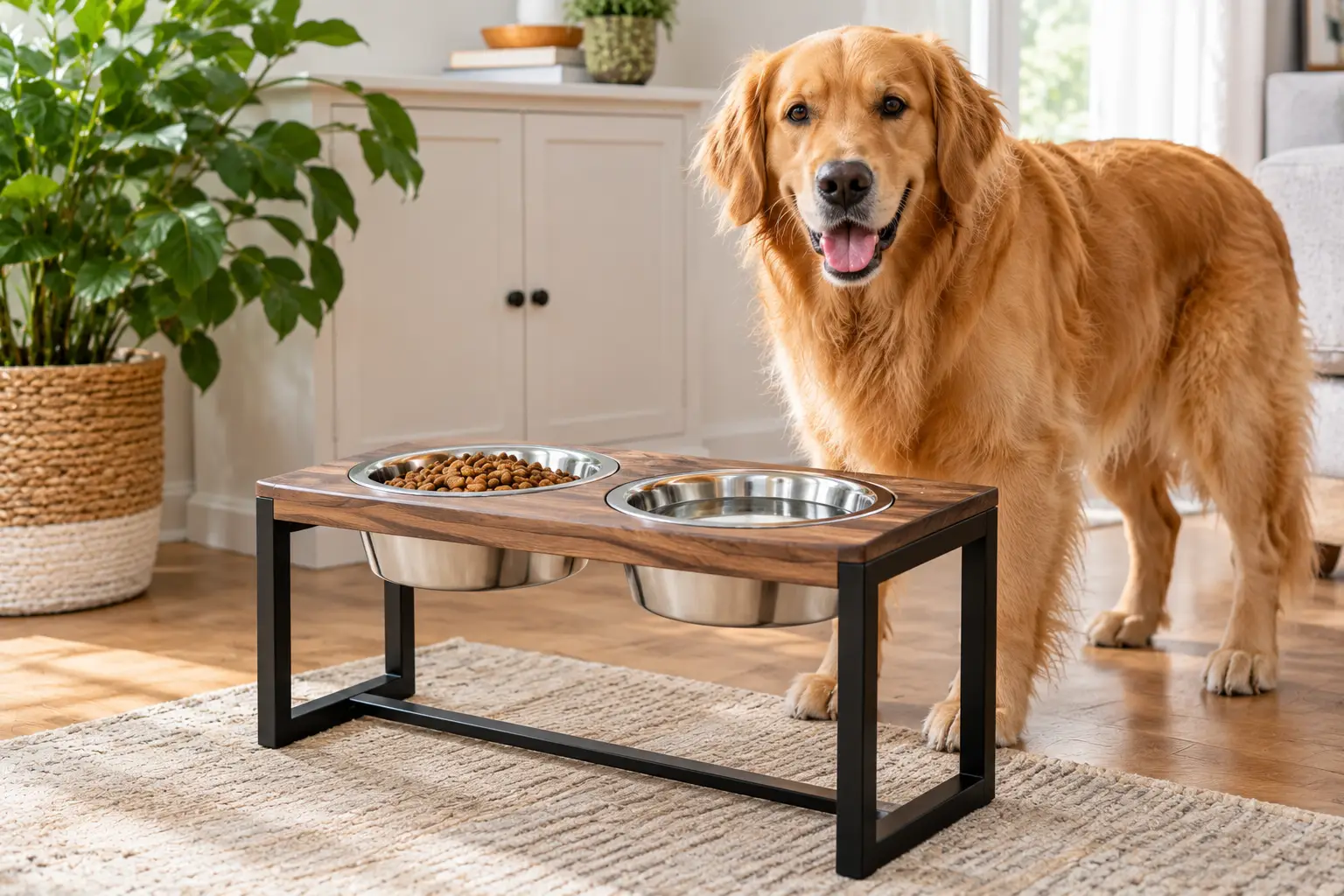 Best raised dog bowls with stainless steel food and water dishes in a wooden stand beside a golden retriever