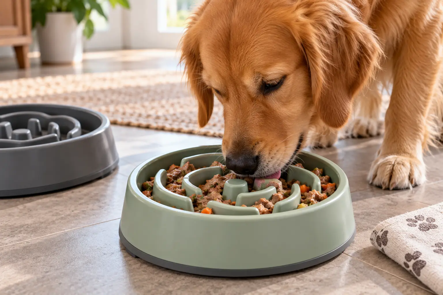 Best slow feeder dog bowl for wet food featuring a maze-shaped design filled with chunky wet dog food, as a golden retriever eats slowly indoors.