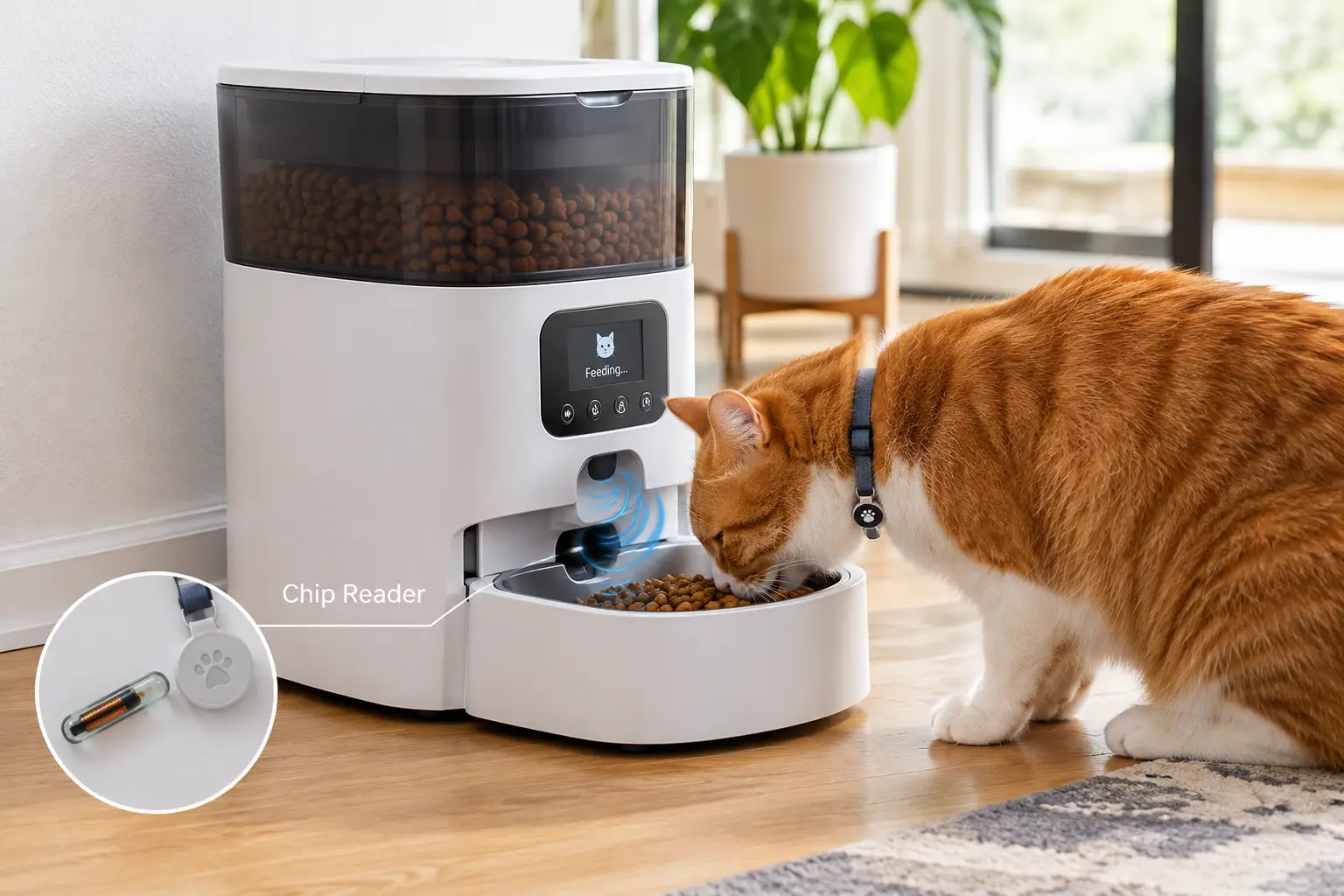 Chip reader cat feeder dispensing food to a cat with a microchip-enabled access system in a bright home