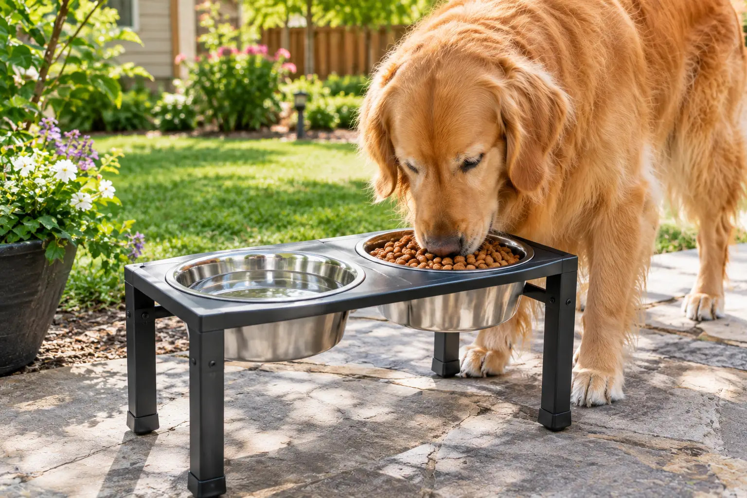 Dog bowls outside with stainless steel food and water dishes in a raised feeder beside a golden retriever on a sunny patio