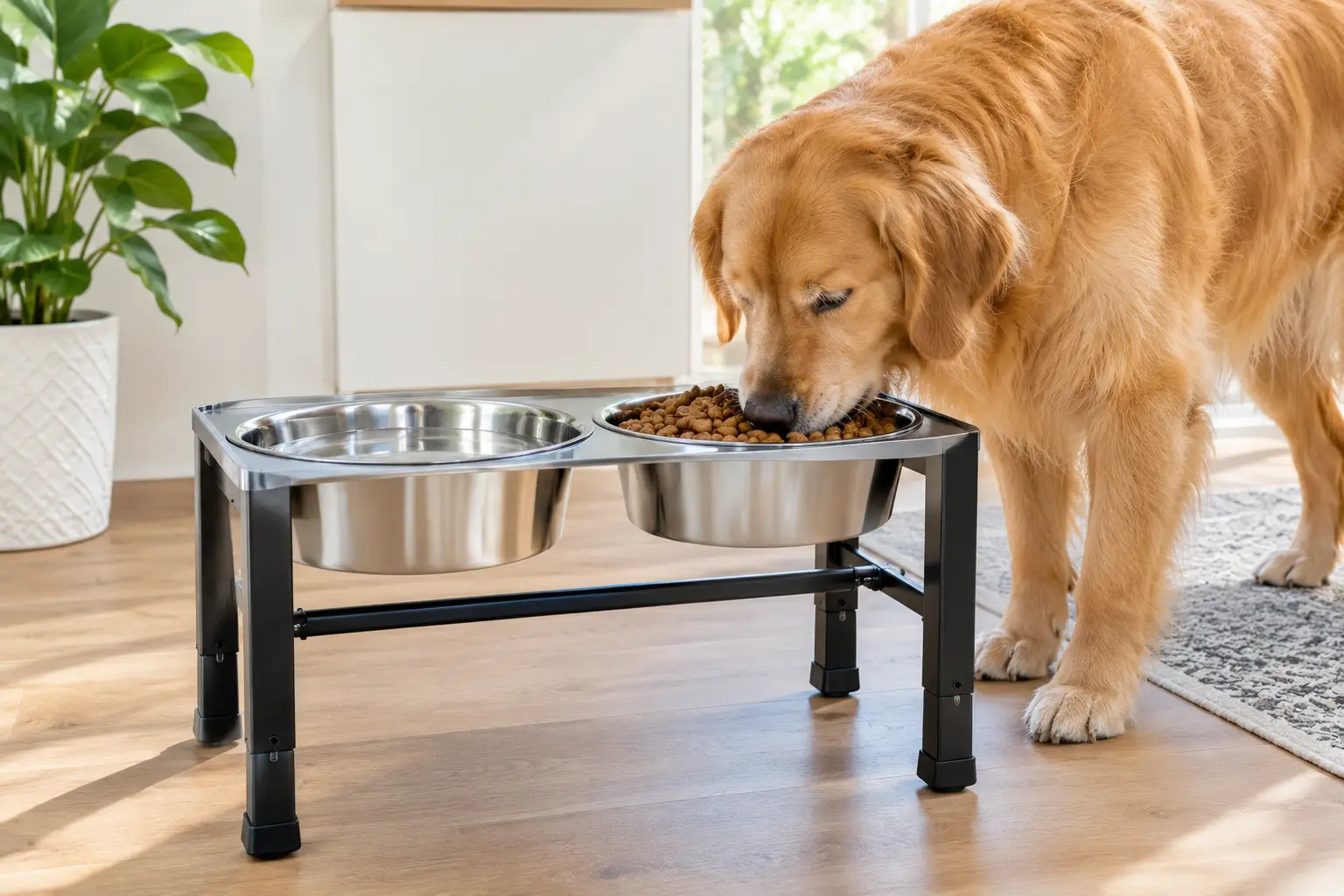 Dog feeder metal raised stainless steel bowls for food and water with a golden retriever