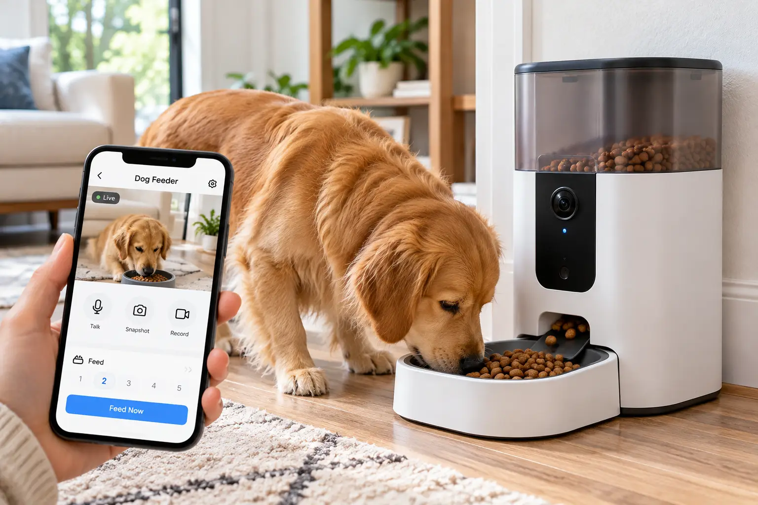 Dog feeder with camera featuring an automatic food dispenser and built-in video camera, allowing owners to monitor their dog eating and manage feeding times through a smartphone app.