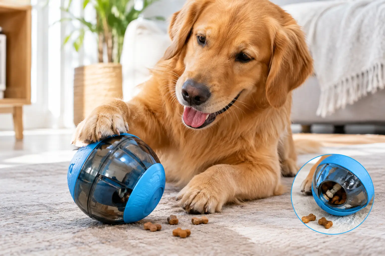Dog treat ball toy with a golden retriever playing with a treat-dispensing ball filled with kibble in a bright living room.