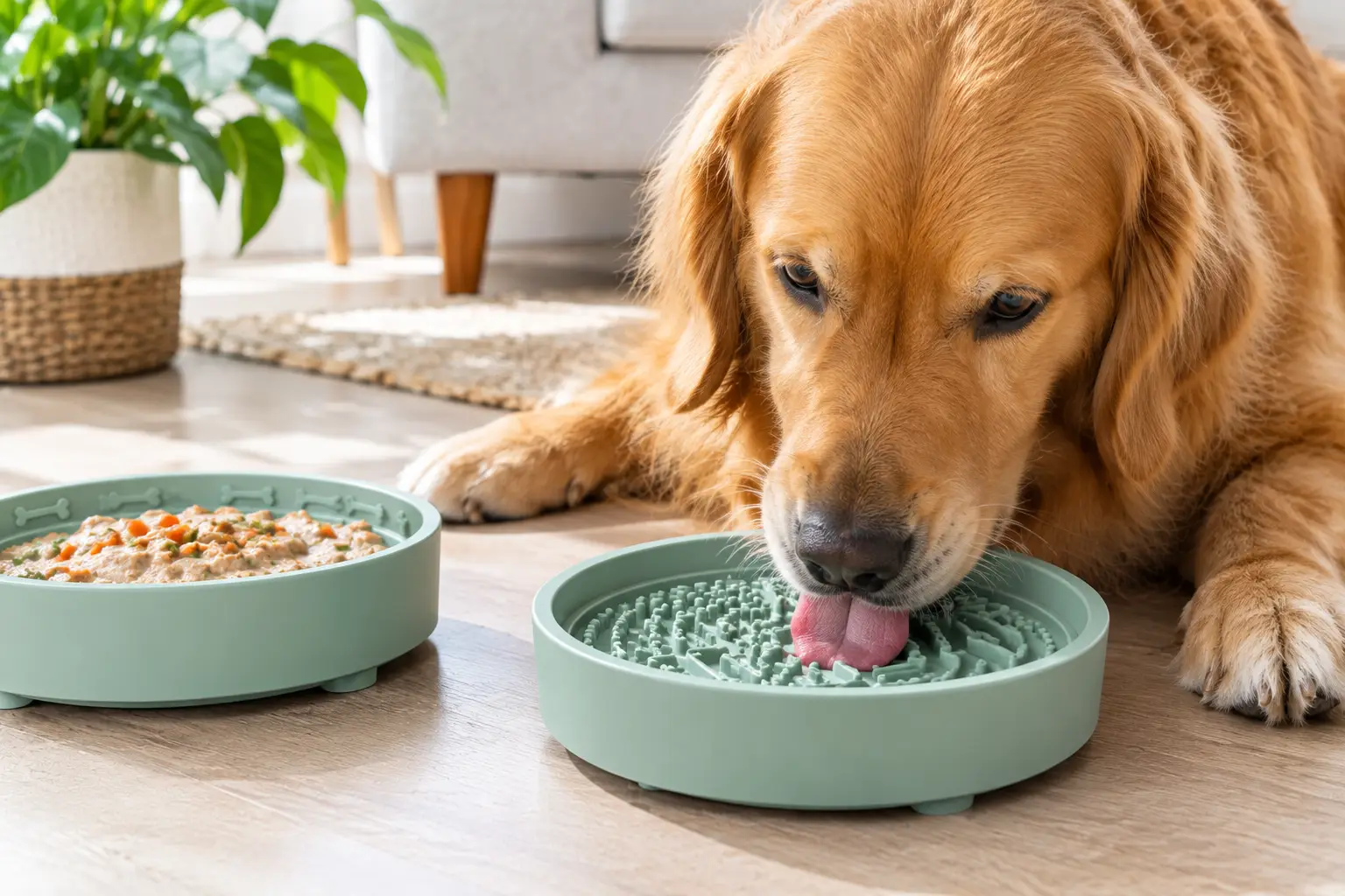 Lick bowls for dogs with a textured surface used by a golden retriever for enrichment feeding