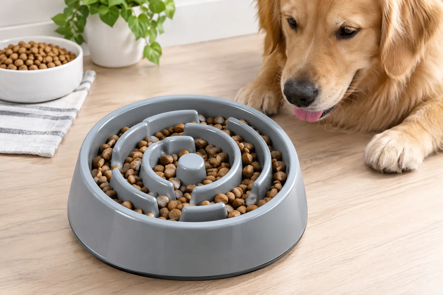Maze bowl filled with dog kibble, featuring a slow-feeder design for dogs