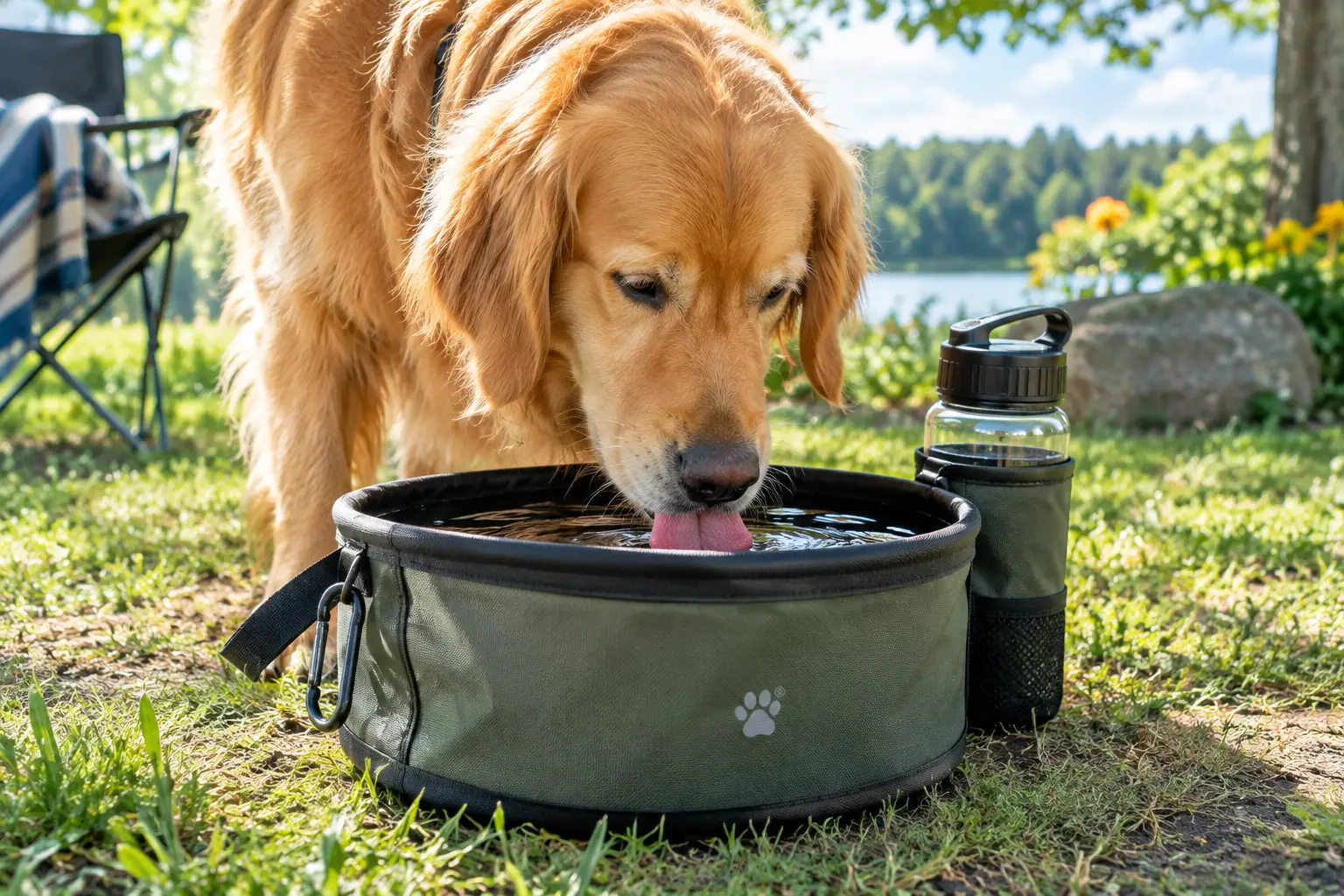 Outdoor dog water bowl with fresh drinking water for a golden retriever in a sunny backyard