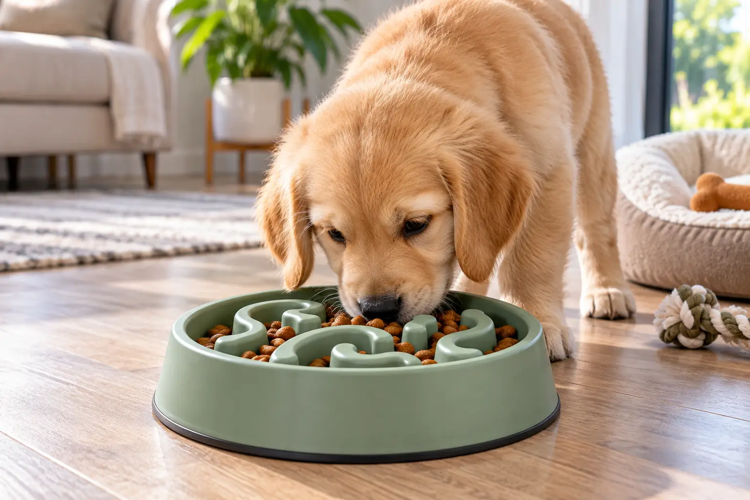 Golden retriever puppy eating kibble from a sage green puppy slow feed bowl with a maze design to encourage slower eating in a bright, cozy home.