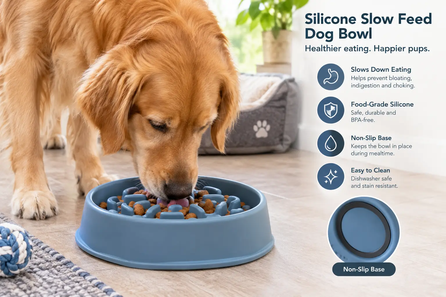 Silicone slow feed dog bowl with raised maze ridges holding dry kibble as a golden retriever eats, featuring a non-slip base and easy-to-clean design.