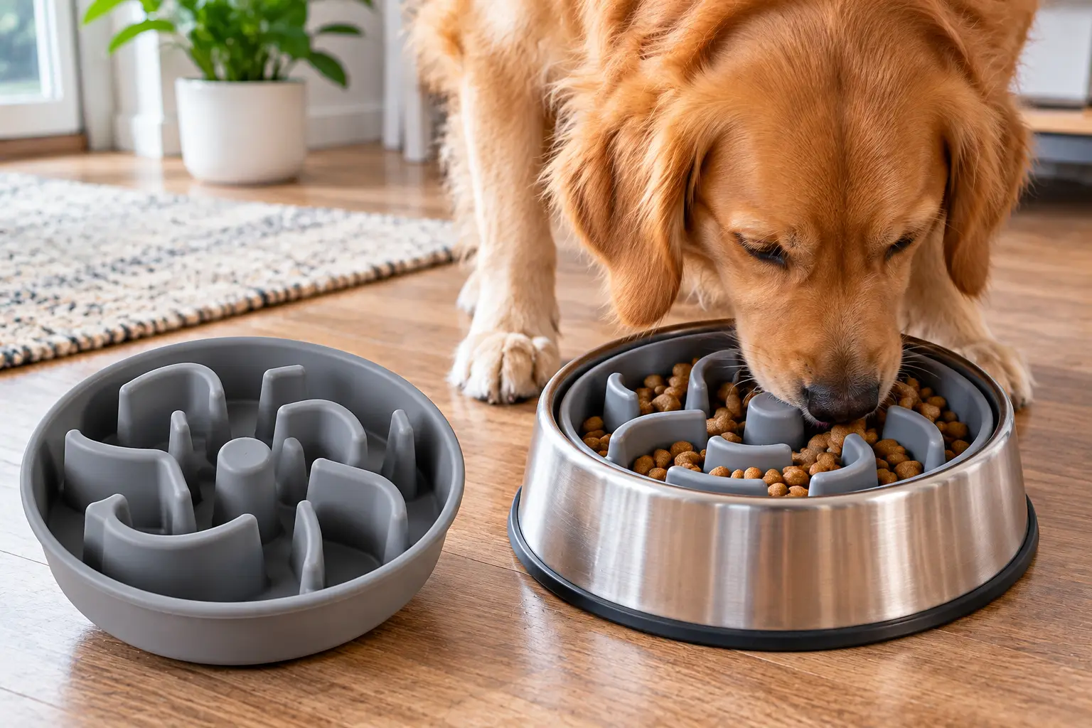 Slow dog feeder insert with a maze-shaped design inside a dog bowl, helping a golden retriever eat kibble more slowly during mealtime.