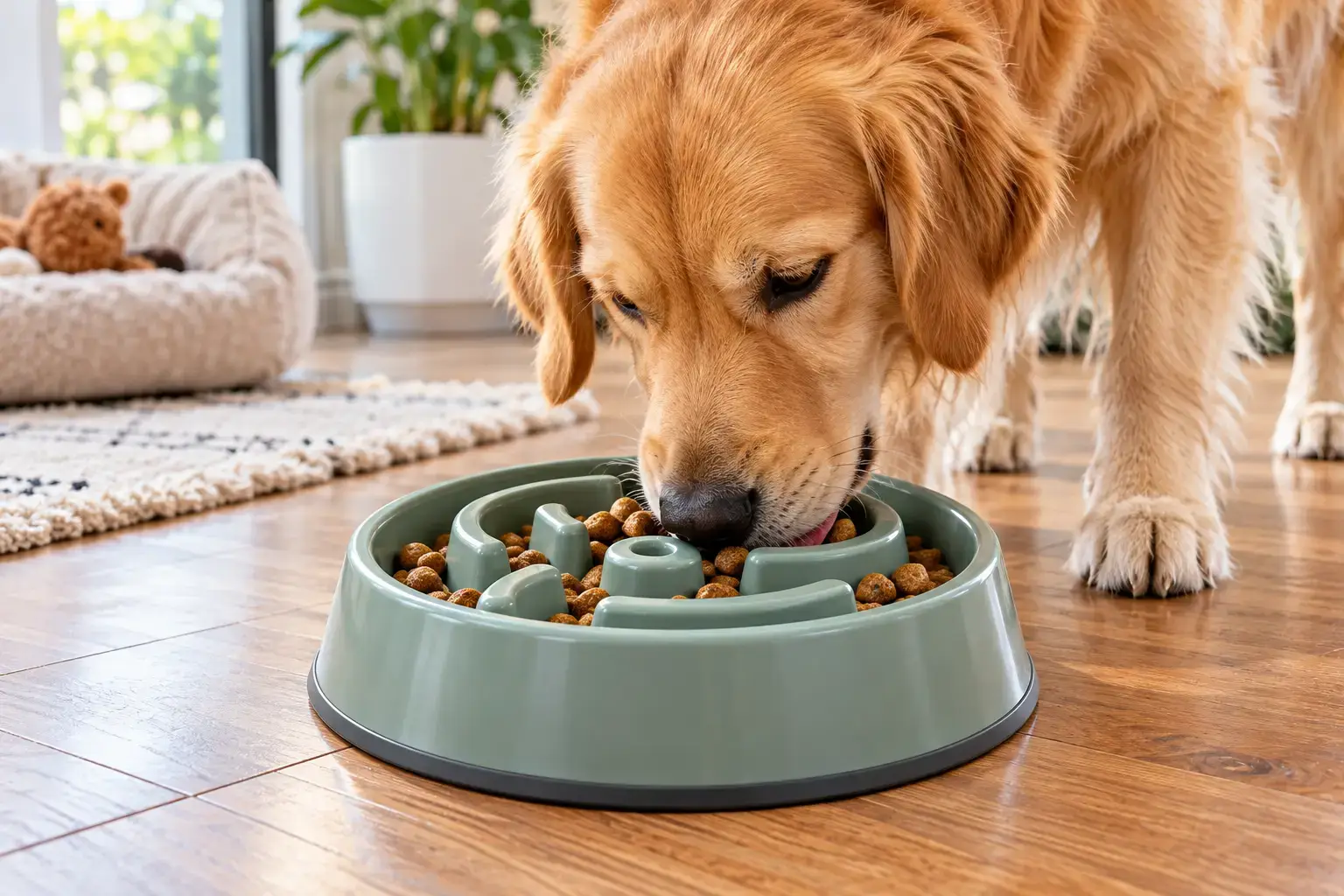 A golden retriever eating kibble from a green slow feed dog dish with a maze-shaped design in a bright, cozy home.