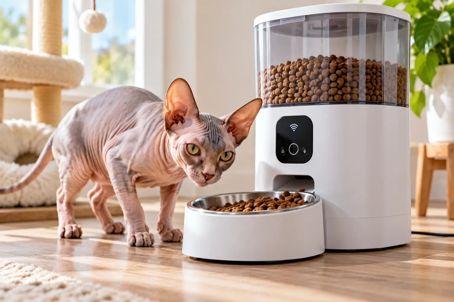 Sphinx cat food feeder featuring a white automatic dispenser with a transparent kibble hopper and stainless steel bowl, standing beside a hairless Sphynx cat in a bright, modern home.