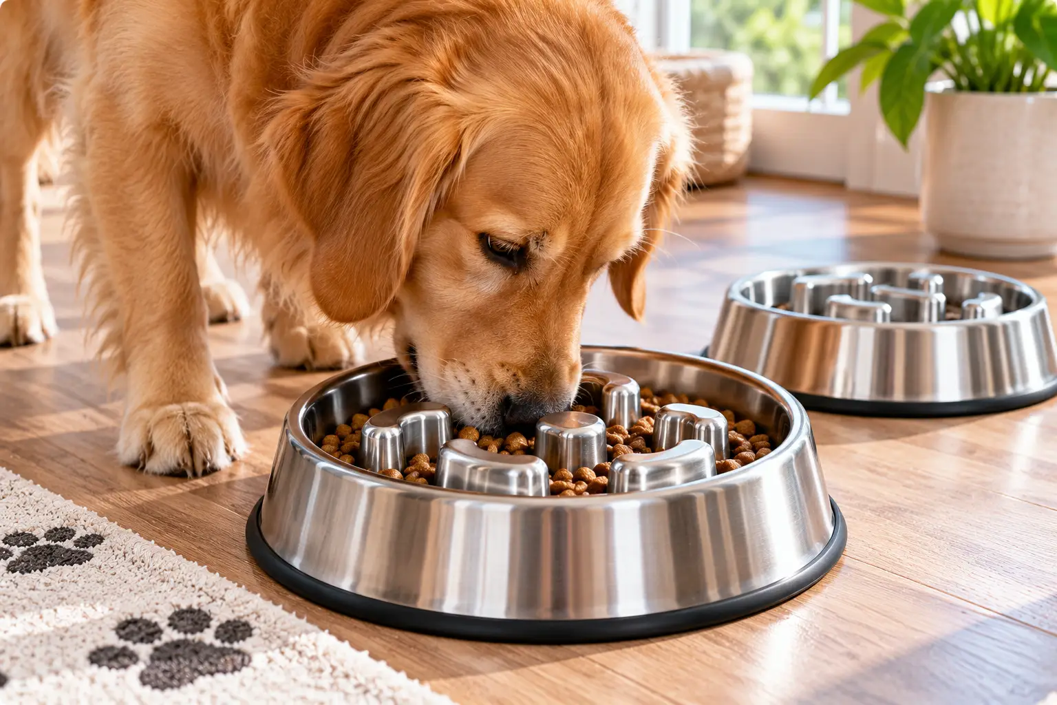 Stainless steel slow feeder bowl with raised maze-shaped partitions and a non-slip base, filled with dry kibble while a golden retriever eats in a bright, sunlit home.