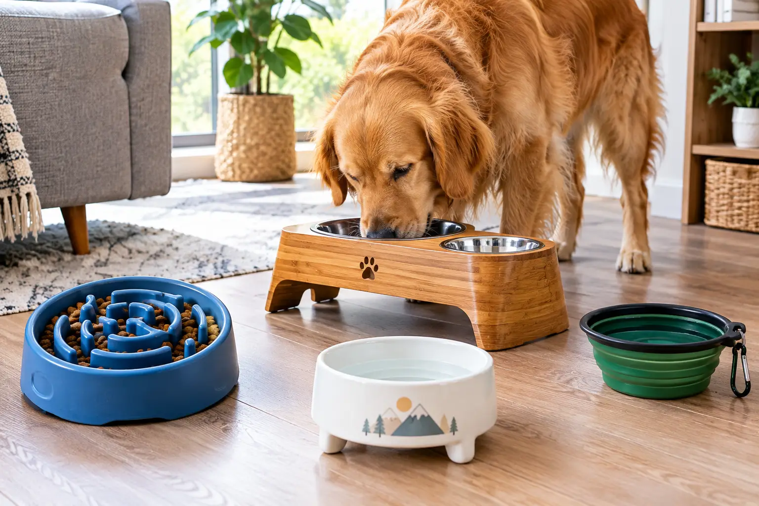 Unique dog bowls including a raised wooden feeder, blue slow-feeder bowl, and decorative ceramic water bowl beside a golden retriever