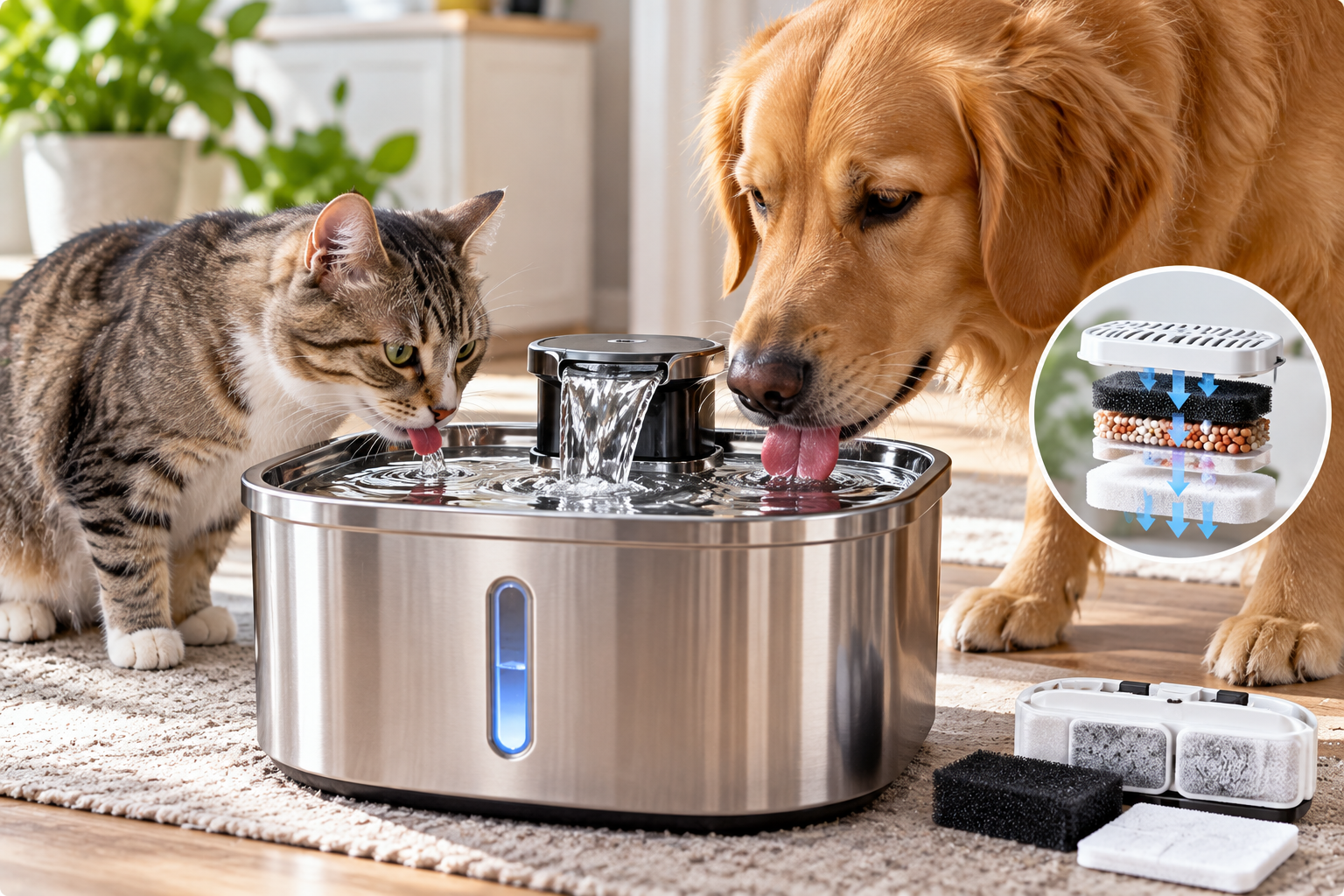 Water fountain with filter featuring a stainless steel pet drinking fountain with a built-in filtration system, as a tabby cat and golden retriever drink flowing water in a bright, modern home.