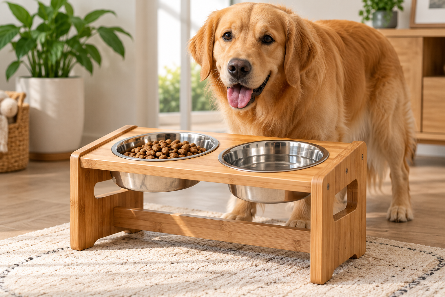 Wooden dog feeder with two stainless steel bowls for food and water beside a golden retriever in a bright, modern home.